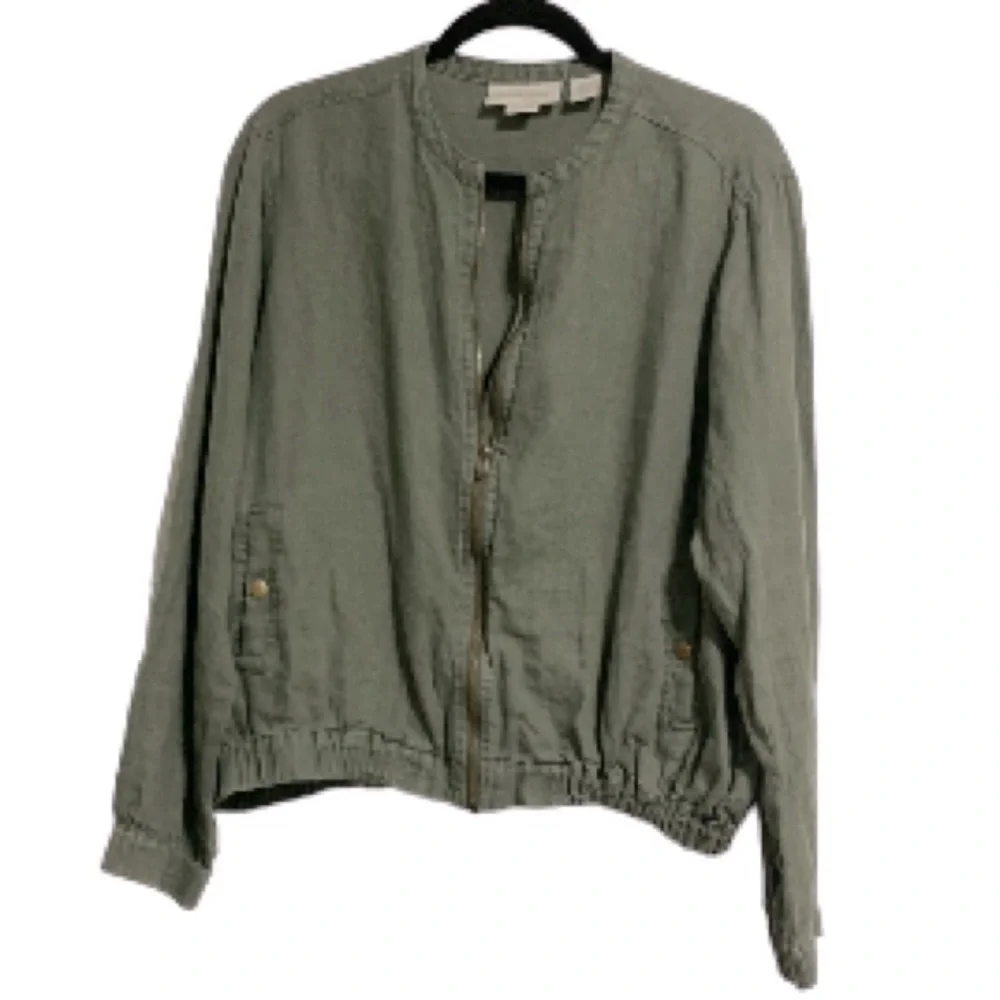 CYNTHIA ROWLEY LINEN Army Green Khaki Bomber Jacket Full Zip Long Sleeves Large